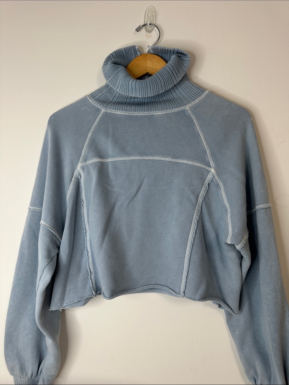 aerie Dusty Blue Cropped Turtleneck Sweatshirt garment washed raw hem